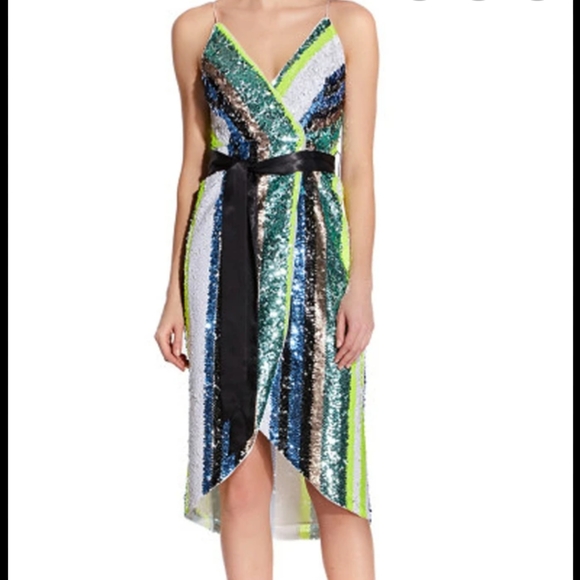 NWT $265 Aidan Mattox fully sequin shiny spaghetti strap wrap dress tie belt 10 - Picture 2 of 5